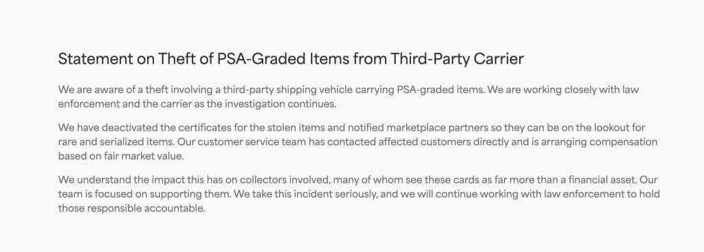 PSA&rsquo;s statement on the theft of PSA-graded items from a third-party carrier